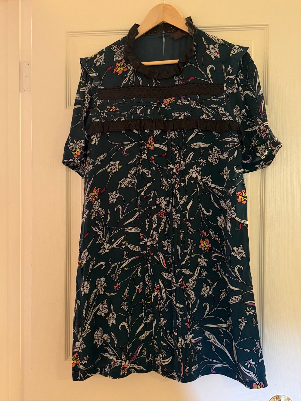 Floral Ruffle baby doll style Short Sleeve Dress in Dark Teal